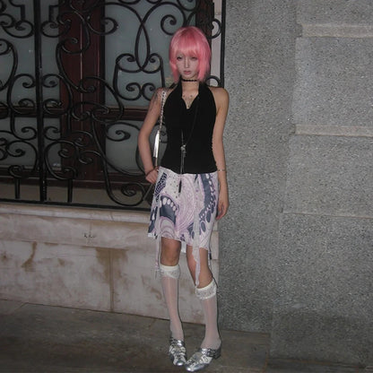 Chic Dollette Japanisches Tanktop mit Schwingkragen, unregelmäßigem Schnitt, ärmellos, Streetwear, 2000er Grunge Weste Top Tee
