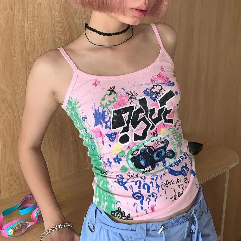 Schickes Dollette American Retro Print Grafik Camisole Sommer Top Ärmelloses Ärmelloses Tank Top Gothic Neckholder Top Crop Top Schick