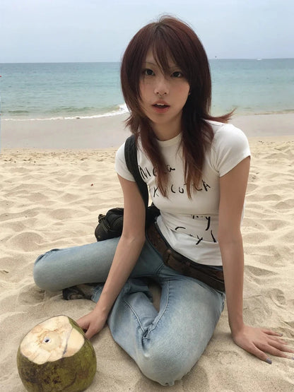 Chic Dollette Japanese 2000s T-shirt Women Short Sleeve Print Letter Tee Tops Slim White Y2k Vintage Tops American Retro T-shirts