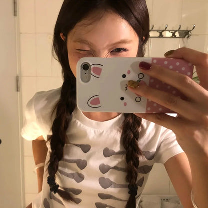 Tonngirl Y2k Print Button Graphic Tops Slim Short Sleeve T-shirt Women Japanese 2000s Vintage Tops American Retro Tee Tops White
