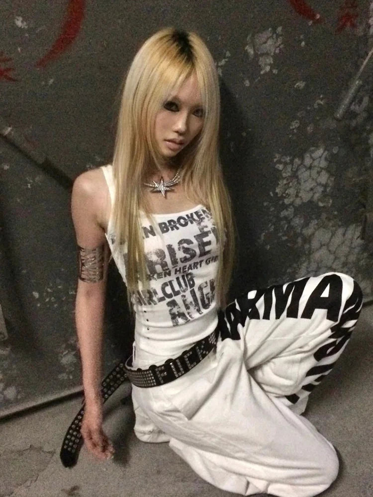 Haut débardeur sans manches rétro gothique Chic Dollette Imprimé Lettre Haut Y2K japonais Caraco Haut T-shirt graphique Rétro Américain
