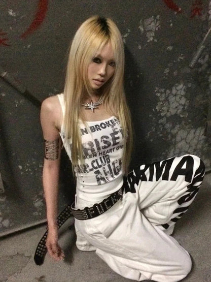 Haut débardeur sans manches rétro gothique Chic Dollette Imprimé Lettre Haut Y2K japonais Caraco Haut T-shirt graphique Rétro Américain