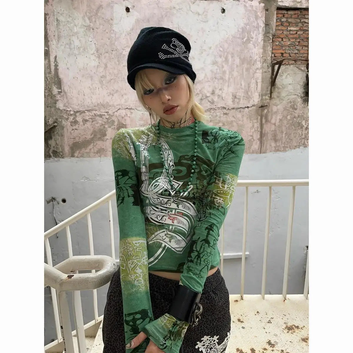Chic Dollette Print T-Shirt Kleidung Langarm Grün Durchsichtig Grunge Ästhetik Slim Frühlingsoberteil Gothic T-Shirts Elegante T-Shirts