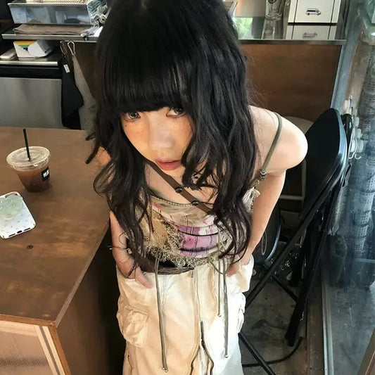 Haut court sans manches Chic Dollette Gothique Tie-Dye Vintage Streetwear Années 2000 Japonais à lacets Caraco E-girls Été