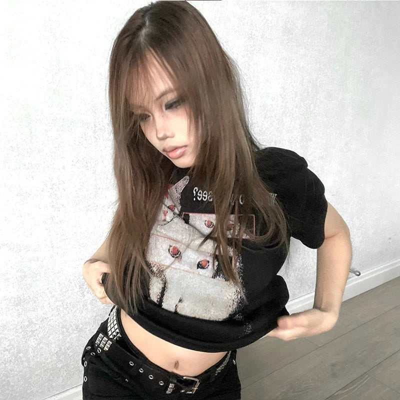 Chic Dollette Trashy Y2k Cat Print T-shirt Grunge Aesthetics Short Sleeve Black Tops Vintage Gothic Streetwear Punk American Retro 90s