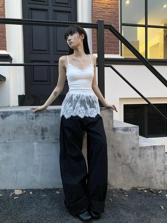 Chic Dollette Koreanische Mode Patchwork Spitzen Camisole Ärmelloses Tank Top Gestapelter Stil Neckholder Top Streetwear Kleidung Gothic Chic