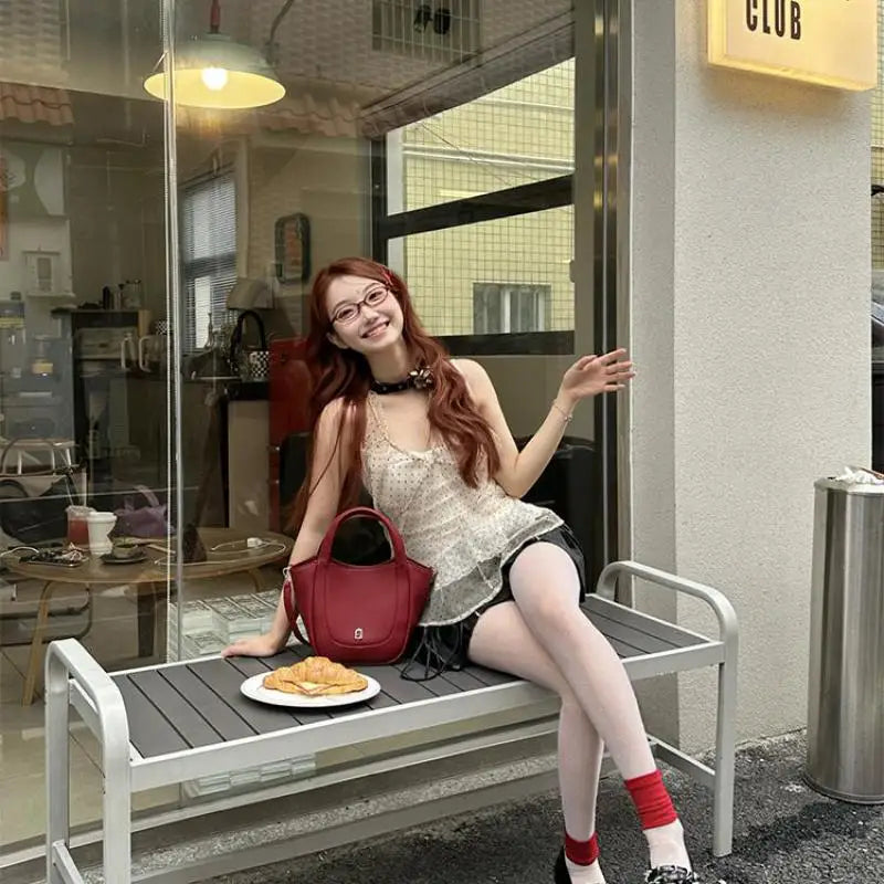 Schickes Dollette Vintage Tanktop gepunktet ärmelloses Tanktop Retro Crop Top Streetwear 2000er koreanischer Stil Sommer Mesh Top