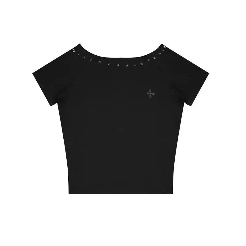 Chic Dollette Black Rivet Off Shoulder Grafik T-Shirts Kurzarm Japan Style 2000er Kleidung Loose Goth Tees Damenbekleidung