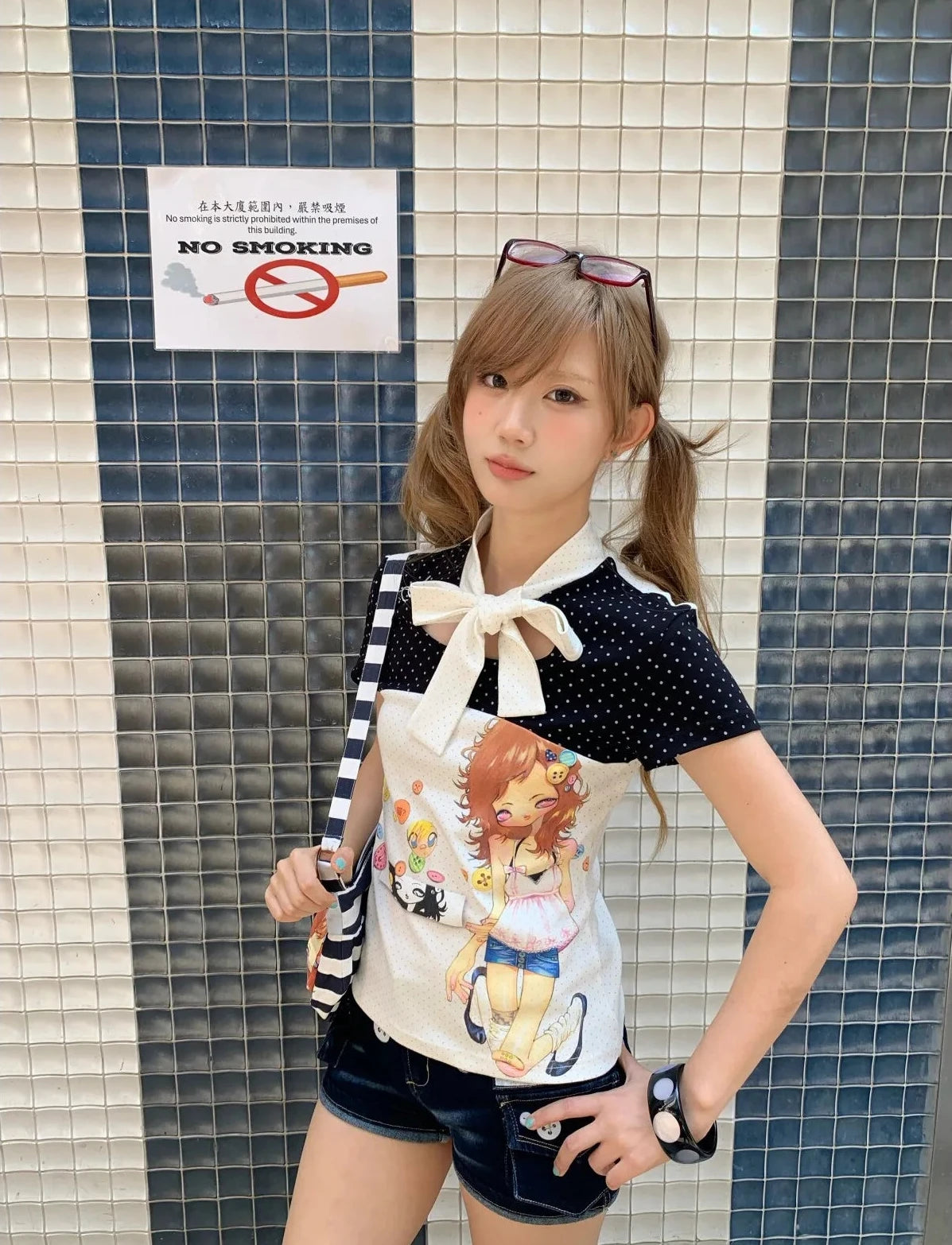 Chic Dollette Anime 2000s Short Sleeve Patchwork Top