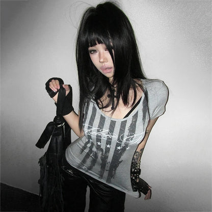 Chic Dollette Striped Letter Print T-shirt Grunge Aesthetics Short Sleeve Tee Shirt Vintage Punk Streetwear American Retro