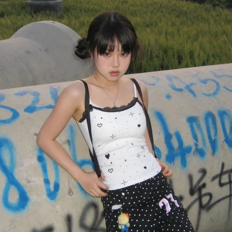 Chic Dollette Vintage Tanktop Ärmelloses Skinny Print Crop Top Streetwear Sommer 2000er Japanisches Neckholder Top Grunge E-Girls