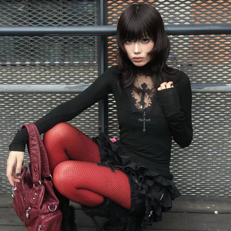 Chic Dollette Gothic T-Shirt mit Cut-Outs, Patchwork, Vintage-Cropped-Top, Streetwear, Amerikanisches Retro Grunge Top T-Shirt