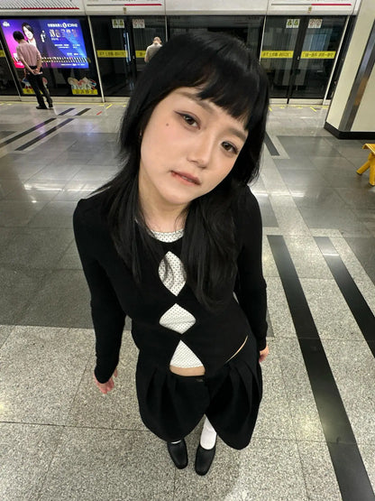 Schickes Dollette Patchwork-Punkt-T-Shirt Langarm Koreanische Mode Herbst Top Hotsweet Tees Damenbekleidung 2000er Kleidung