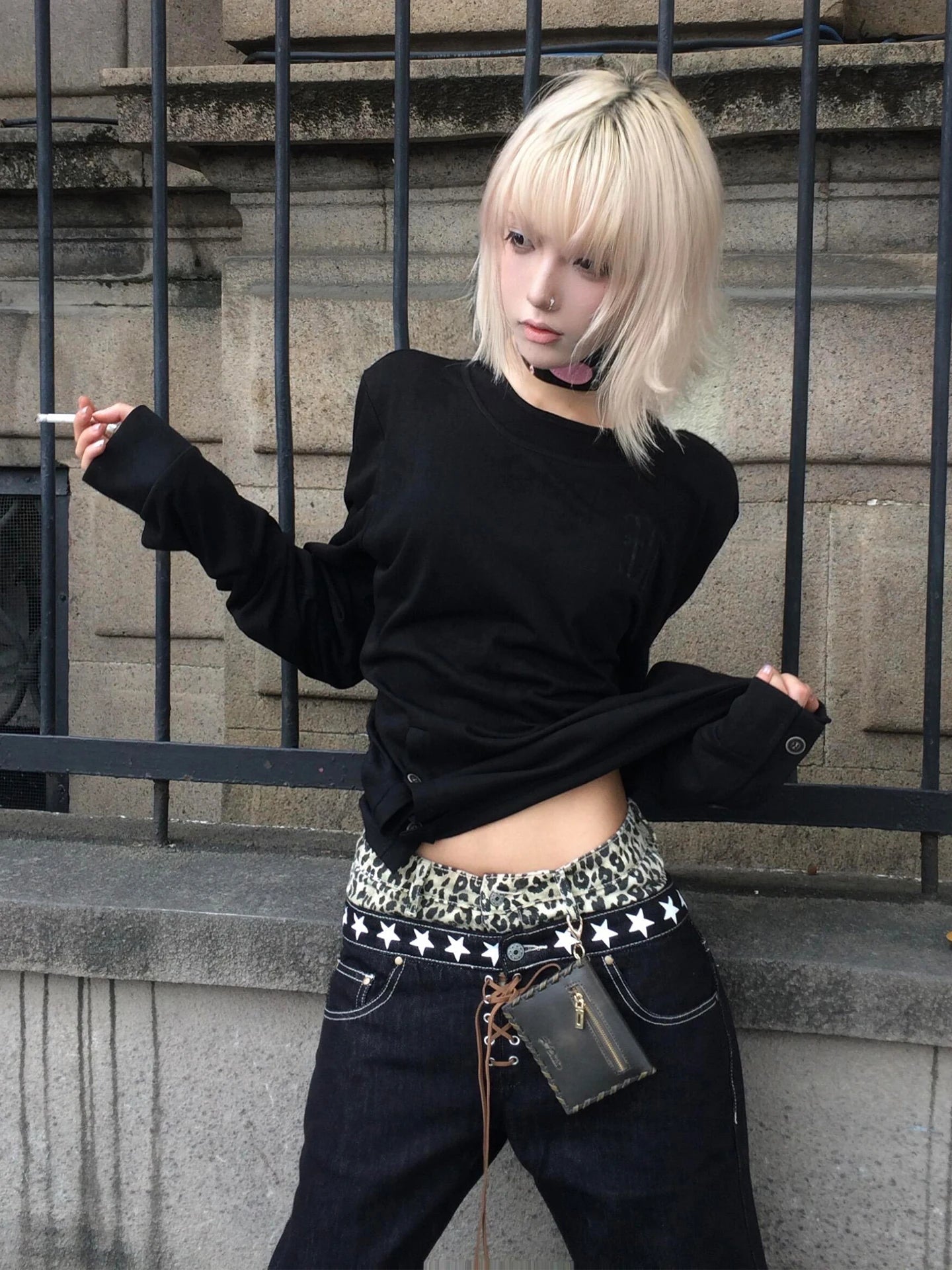 Chic Dollette Gothic Vintage T-Shirt Langarm Button Retro Schwarz Grunge Top Streetwear 2000er Print T-Shirts Herbst