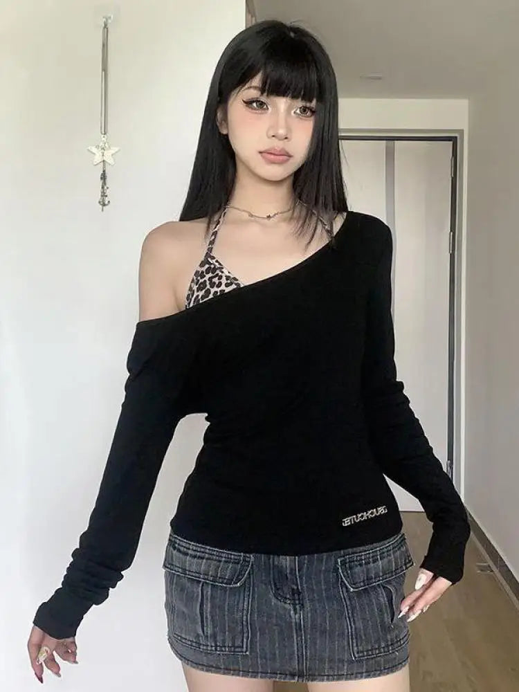 Schickes Dollette Streetwear Zweiteiliges Top Herbst Patchwork Leopard BH Slim T-Shirt Kleidung Langarm 2000er Kleidung T-Shirt