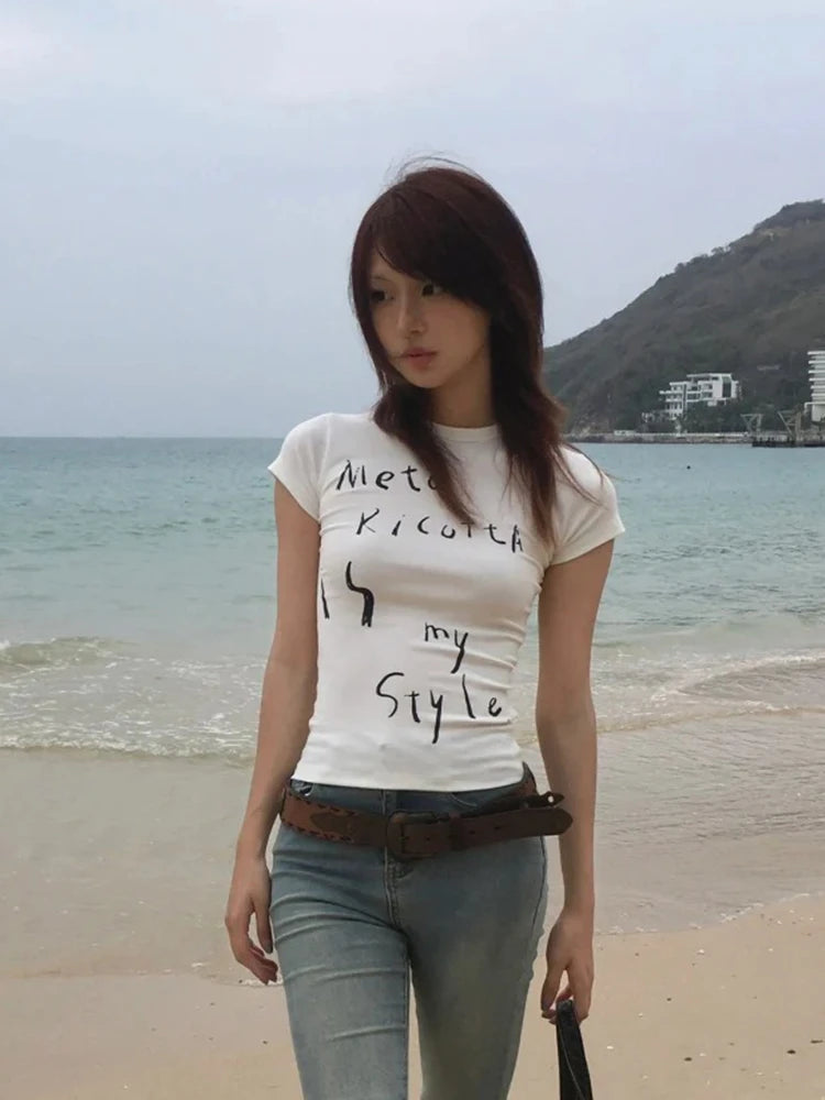 Chic Dollette Japanese 2000s T-shirt Women Short Sleeve Print Letter Tee Tops Slim White Y2k Vintage Tops American Retro T-shirts