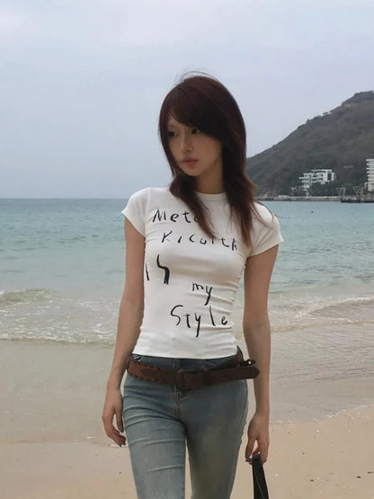 Chic Dollette Japanese 2000s T-shirt Women Short Sleeve Print Letter Tee Tops Slim White Y2k Vintage Tops American Retro T-shirts