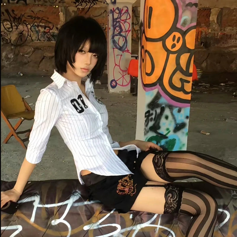 Chic Dollette Japanisches gestreiftes Hemd Dreiviertel-Print-Graphic-Top 2000er Top Japanisches Sommer Cropped Top Grunge