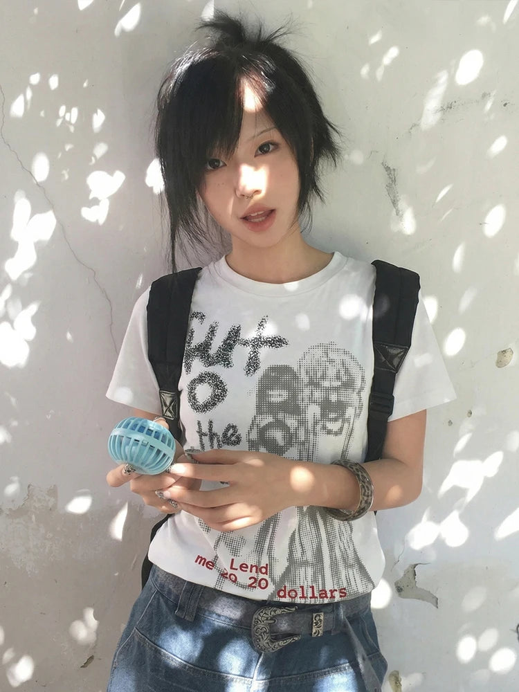 Chic Dollette Harajuku Graphic Print Top Summer Y2k Aesthetics Top Vintage Punk Tee Casual Short Sleeve T-shirt Japanese 2000s