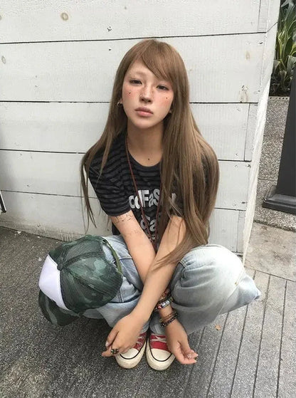 Chic Dollette Vintage T Shirts Women Short Sleeve Striped Printed Skim Grunge Gothic Y2k Aesthetic Harajuku Tops Ladies Fashion