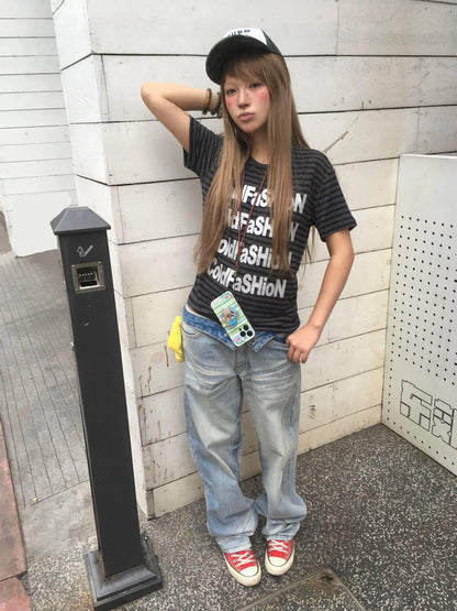 Chic Dollette Aesthetic 2000s Striped T Shirt Women Short Sleeve Letter Print Tee Tops Y2k Vingtage Tops American Retro 90s Tshirts
