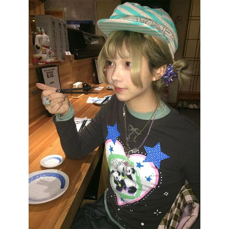 Chic Dollette Harajuku Cartoon Printing T-shirts Streetwear Black Diamond Bow Y2k Aesthetic Fairy Tshirts Women Grunge Bottoming Tops