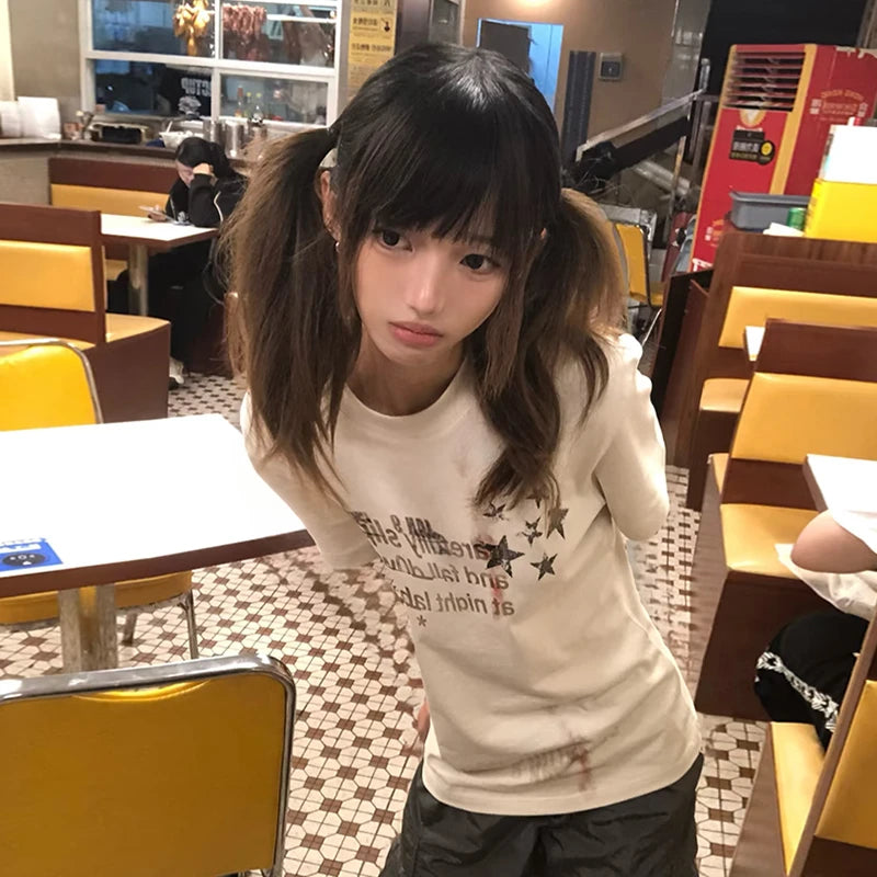 Chic Dollette Japanisches Print T-Shirt Kurzarm 2000er Grunge Top Egirls Streetwear 2000er Grafik Top Tee