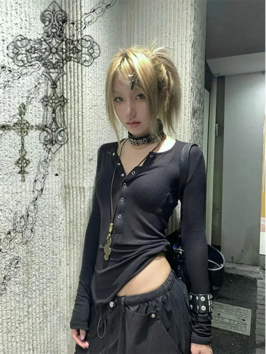 Chic Dollette T-shirt japonais à manches longues boutonné noir, haut court style streetwear rétro américain années 90, T-shirts basiques