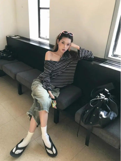 Schickes Dollette Gestreiftes Lockeres T-Shirt Kleidung Langarm Koreanische Mode Streetwear 2000er Kleidung Herbst Top T-Shirts Damen Chic