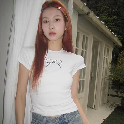 Chic Dollette Hotsweet T-Shirt Schwarz Enges Kurzarm-T-Shirt Rundhals Schleife Damenbekleidung 2000er Jahre Kleidung Koreanische Mode Chic Top