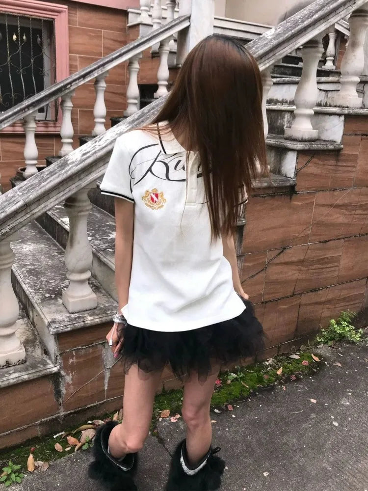 Chic Dollette T Shirts Women Vintage Turn Down Collar Embroidery Short Sleeve Fashion Y2k Aesthetic Harajuku Tops Grunge Gothic