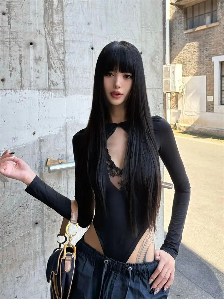 Chic Dollette Amerikanisches Retro Slim Langarm-Spitzen-Hohl-Damen-Top 2000er Kleidung Patchwork Chic Damenbekleidung Chic Style