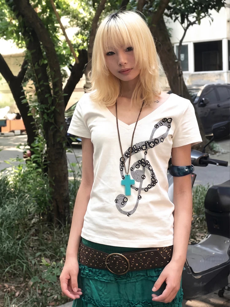 Chic Dollette Japanese Music Note V-Neck White T-shirt