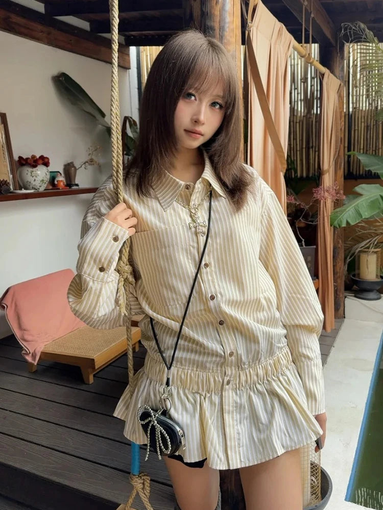 Chic Dollette Koreanischer Stil Zweiteiliges Set Kariertes Hemd Und A-Linien-Rock Japanische Fairycore Damen Zweiteiliges Outfit-Set E-Girls Anzüge