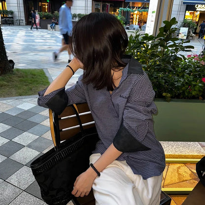 Chic Dollette Korean 2000s Shirt Patchwork Plaid Casual Shirts Long Sleeve  Japanese Shirts And Blouses Vintage Unique Top