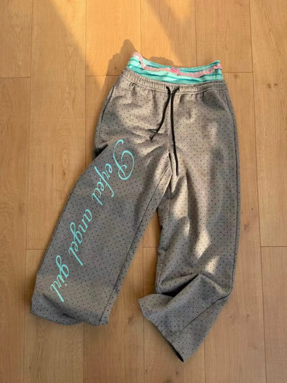 Chic Dollette 2026 new Y2K letter printed polka dot splicing fake two-piece pants for street fashion, niche fashion, versatile daily leisure