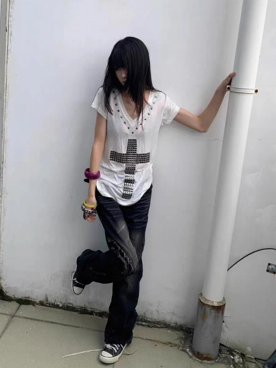 Schickes Dollette Halskreuz Damen T-Shirt Kurzarm Goth Sommer Top 2000er Kleidung Grafik T-Shirt Damen Kleidung Streetwear