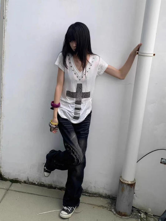 T-shirt chic Dollette à col croisé pour femme, haut d'été gothique à manches courtes, vêtements des années 2000, t-shirt graphique, vêtements pour femme, streetwear