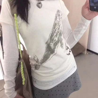 Chices Dollette Rosa Fake Zweiteiler Besticktes Langarm-Shirt mit Print für Damen Vintage Legere Vielseitige Rundhals-T-Shirts für Damen