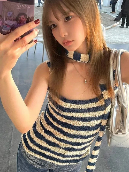 Débardeur sans manches rayé Chic Dollette Harajuku, tricoté, mode coréenne streetwear, avec cravate, haut d'été, haut licou