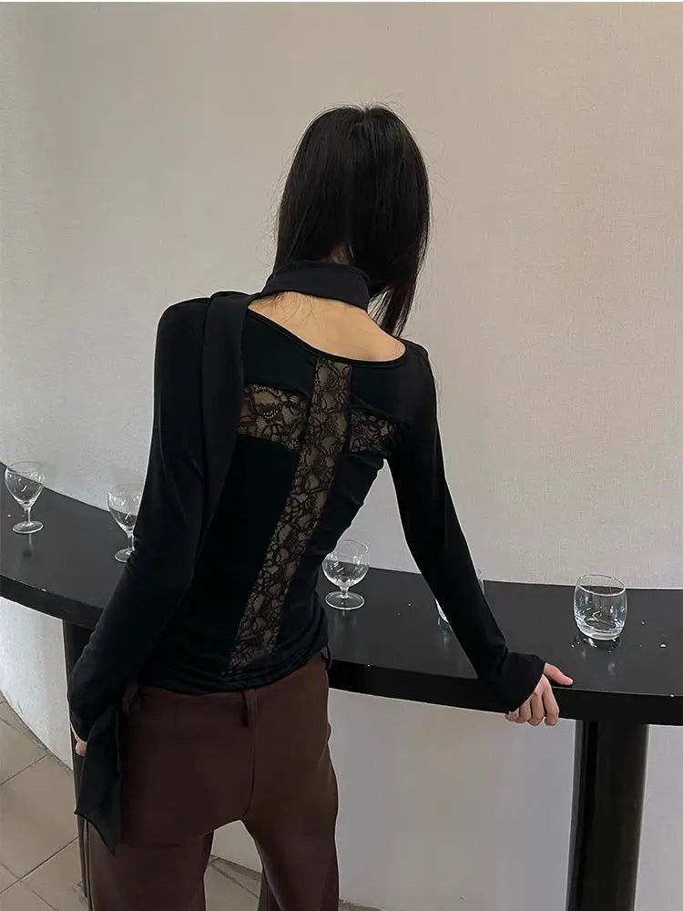 Schickes Dollette T-Shirt mit gekreuztem Rückenausschnitt, Damenbekleidung, langärmeliges koreanisches Mode-Herbst-Oberteil, schmale T-Shirts, Damenkleidung