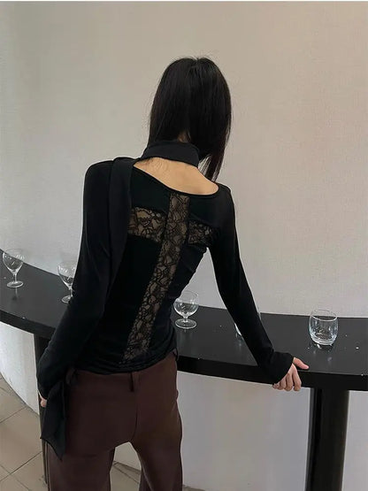 Schickes Dollette T-Shirt mit gekreuztem Rückenausschnitt, Damenbekleidung, langärmeliges koreanisches Mode-Herbst-Oberteil, schmale T-Shirts, Damenkleidung