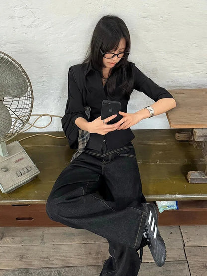 Chic Dollette Chemise Vintage Décontractée Manches Trois-quarts Noire Années 2000 Japonaise Haut Rétro Chemises Moulantes Blouse Top Streetwear