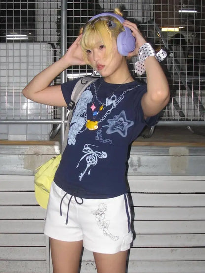 Schickes Dollette Gothic Kurzarm-T-Shirt mit Grafik, Rundhals, eng anliegend, Oberteil im 2000er-Stil, Marineblau, Damenbekleidung, koreanische Mode