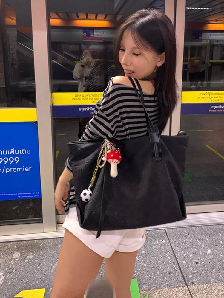 Chic Dollette T-shirt japonais slim rayé, épaules dénudées, style coréen, vintage, top streetwear, T-shirts années 2000, automne