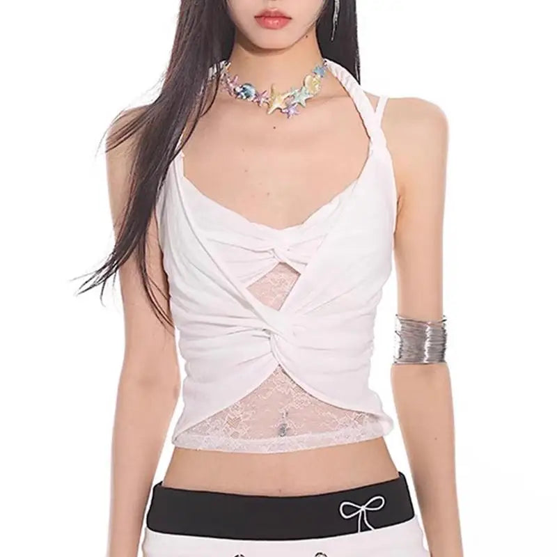 Chic Dollette Sexy Spitzen-Tanktop Patchwork Durchsichtig Ärmelloses T-Shirt Fairycore Camis 2000er Crop Top Sommer