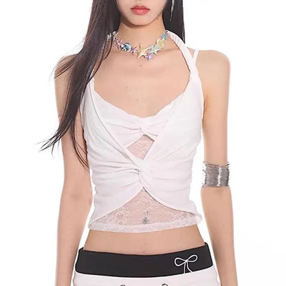 Chic Dollette Sexy Spitzen-Tanktop Patchwork Durchsichtig Ärmelloses T-Shirt Fairycore Camis 2000er Crop Top Sommer