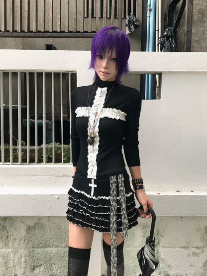 Schickes Dollette Gothic T-Shirt Spitze Patchwork Kreuz Vintage Grunge Top Langarm Punk Style Schmale Schwarze T-Shirts