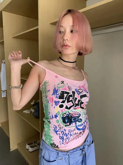 Schickes Dollette American Retro Print Grafik Camisole Sommer Top Ärmelloses Ärmelloses Tank Top Gothic Neckholder Top Crop Top Schick