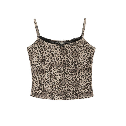 Chic Dollette Débardeur Japonais Imprimé Léopard Sans Manches Chemise T-shirt Dentelle Patchwork Fairycore Camis Débardeur Années 2000 Haut